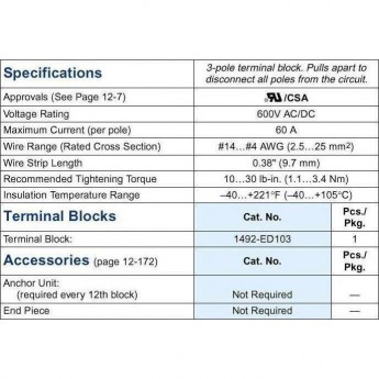 Клеммный блок панельного монтажа разъемный 3-полюсный ALLEN-BRADLEY 1492-ED103 33439 Клеммный блок панельного монтажа разъемный 3-полюсный ALLEN-BRADLEY 1492-ED103 33439